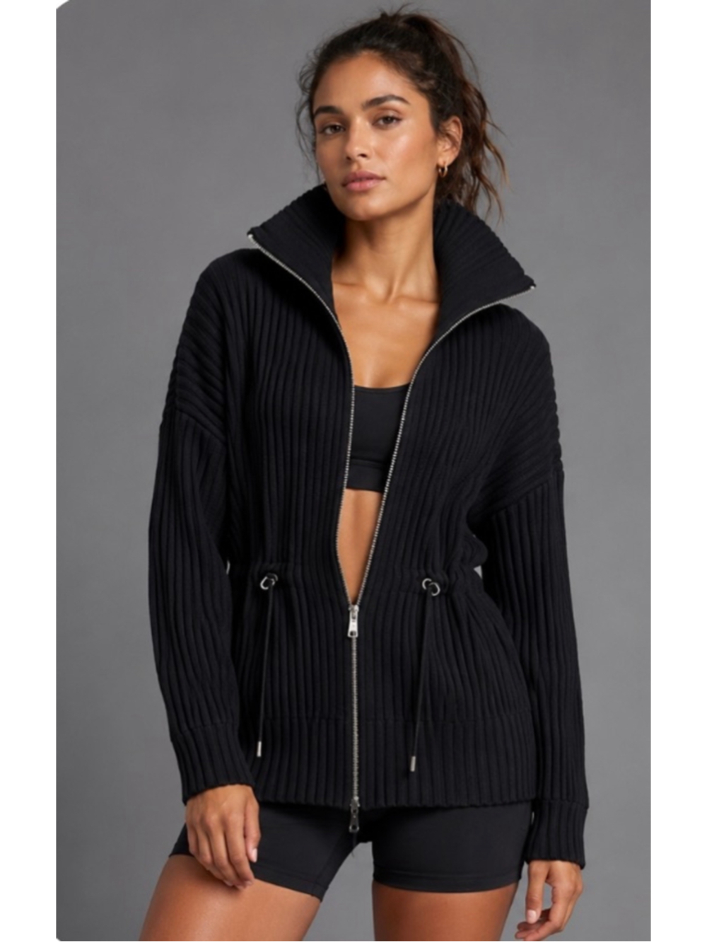 Varley Black Ribbed Knit Zip-Up Cardigan with Drawstring Waist, Size M